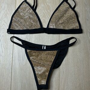 Bronze/gold and black rhinestone sparkle bikini thong swimsuit pool beach sexy